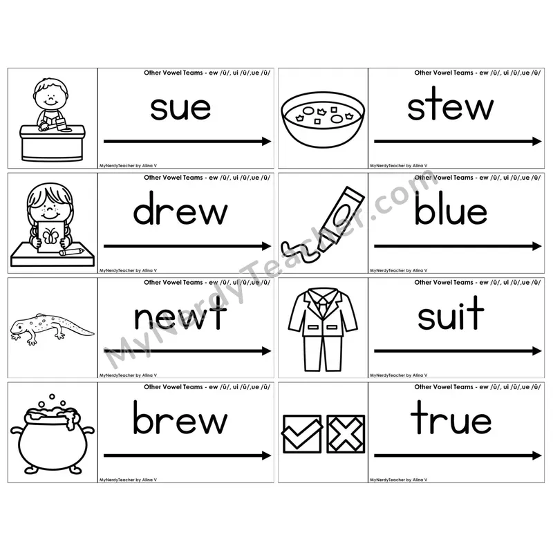 Vowel Teams ew, ui, ue /u/ — BW (C14 — Blending Cards)
