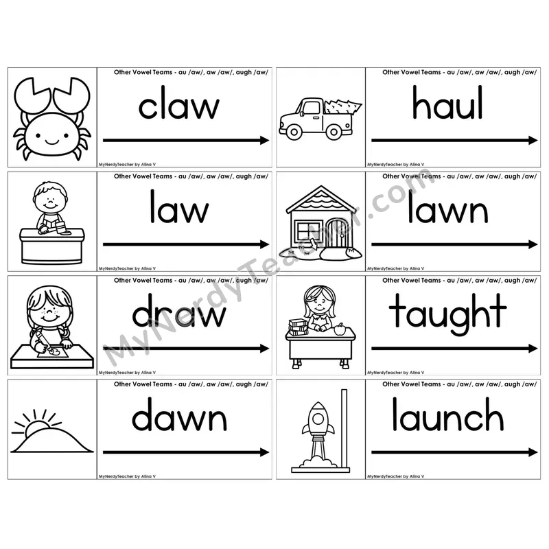 Vowel Teams au, aw, augh /aw/ — BW (C14 — Blending Cards)