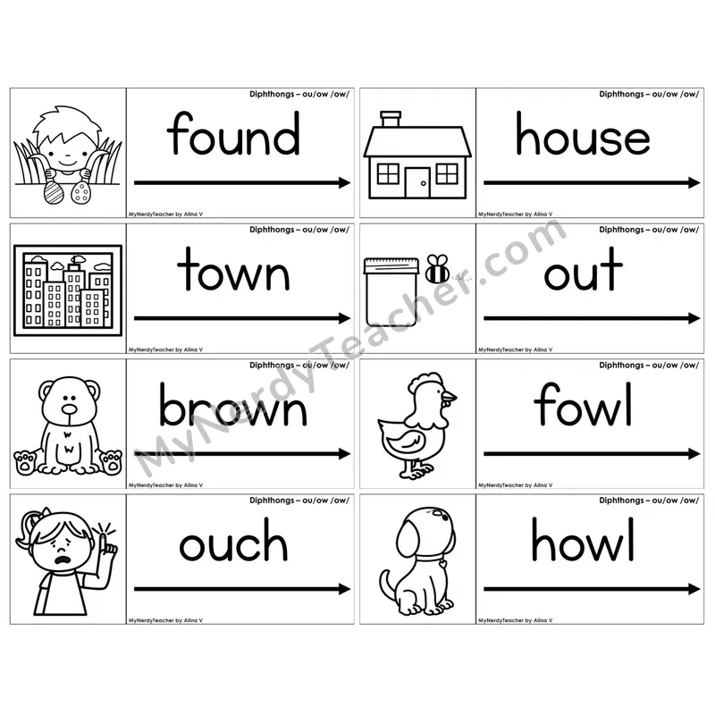 Diphthongs ou, ow /ow/ — BW (C14 — Blending Cards)