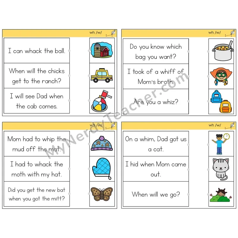 WH Digraph Read and Match Picture Task Cards — Decodable Sentences