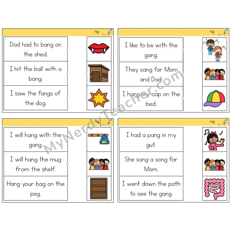 NG Digraph Read and Match Picture Task Cards — Decodable Sentences