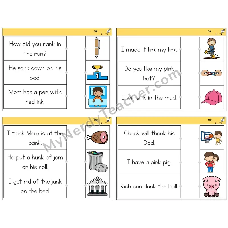 NK Digraph Read and Match Picture Task Cards — Decodable Sentences