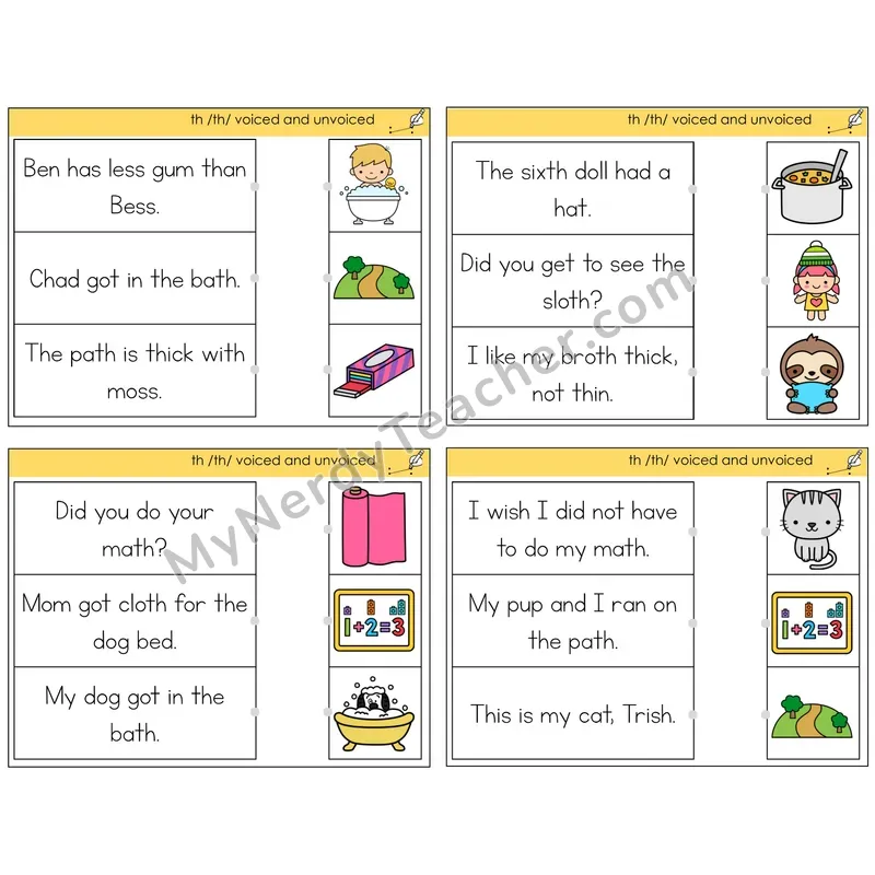 TH Digraph (Voiced + Unvoiced) Read and Match Picture Task Cards — Decodable Sentences