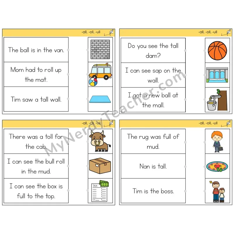 All, Oll, Ull Read and Match Picture Task Cards — Decodable Sentences