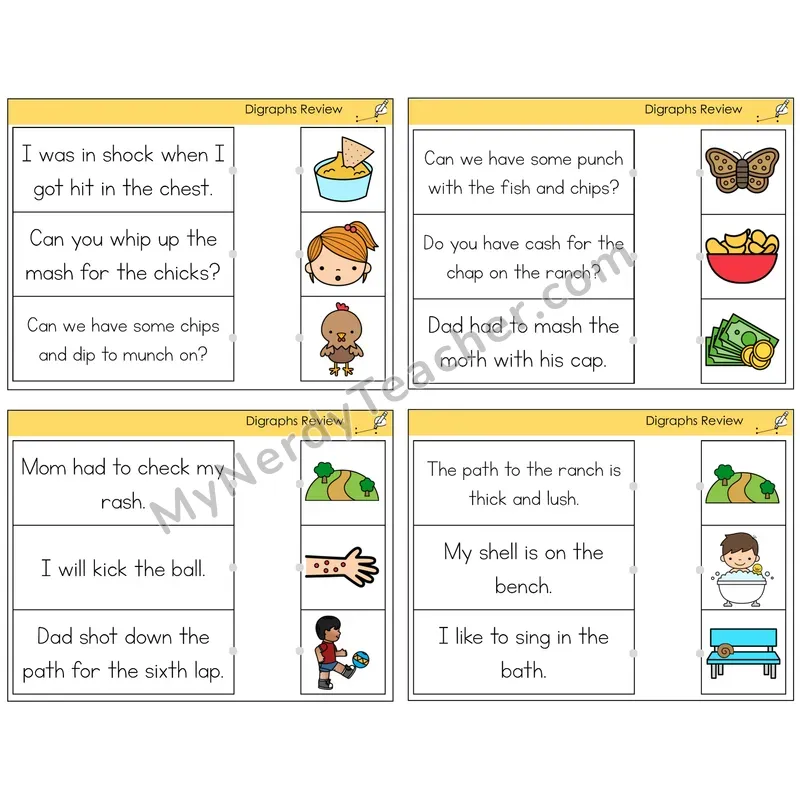 Digraphs Review Read and Match Picture Task Cards — Decodable Sentences