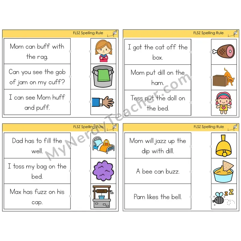 FLSZ Spelling Rule Read and Match Picture Task Cards — Decodable Sentences