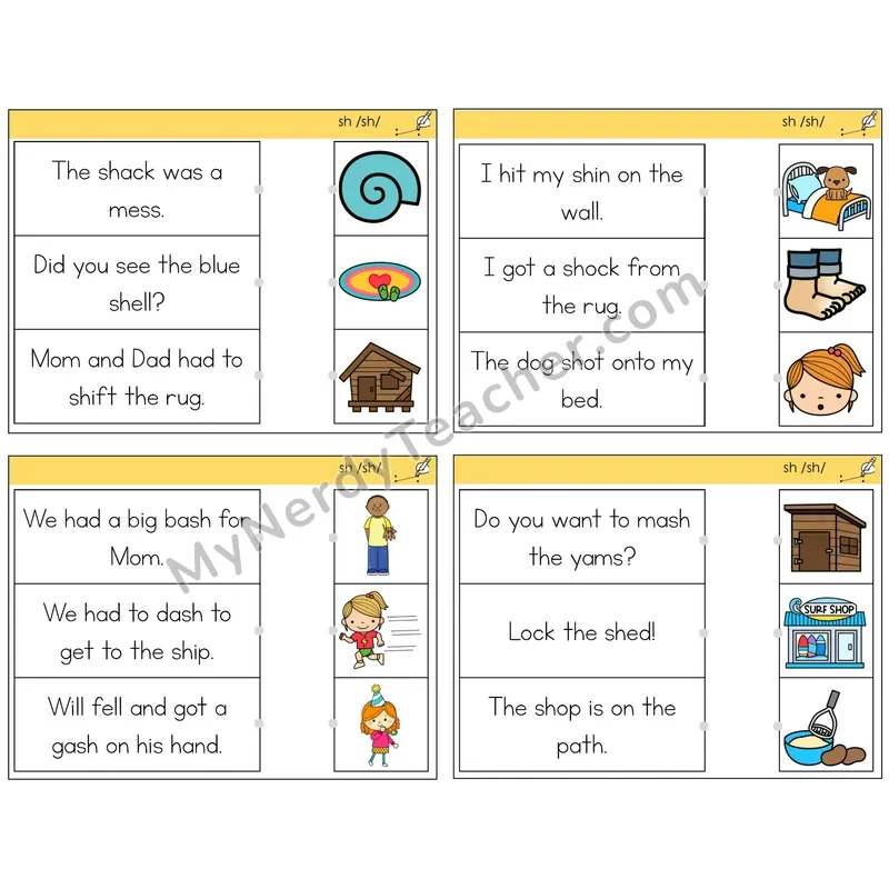 SH Digraph Read and Match Picture Task Cards — Decodable Sentences
