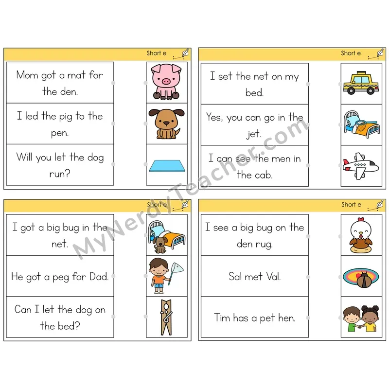 Short E Read and Match Picture Task Cards — Decodable Sentences