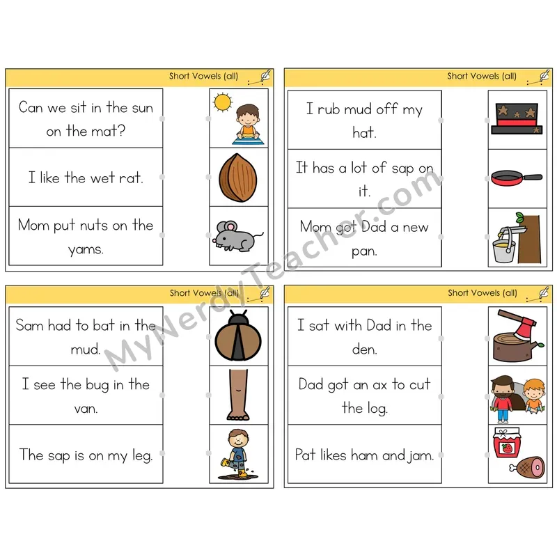 Short Vowels Review Read and Match Picture Task Cards — Decodable Sentences