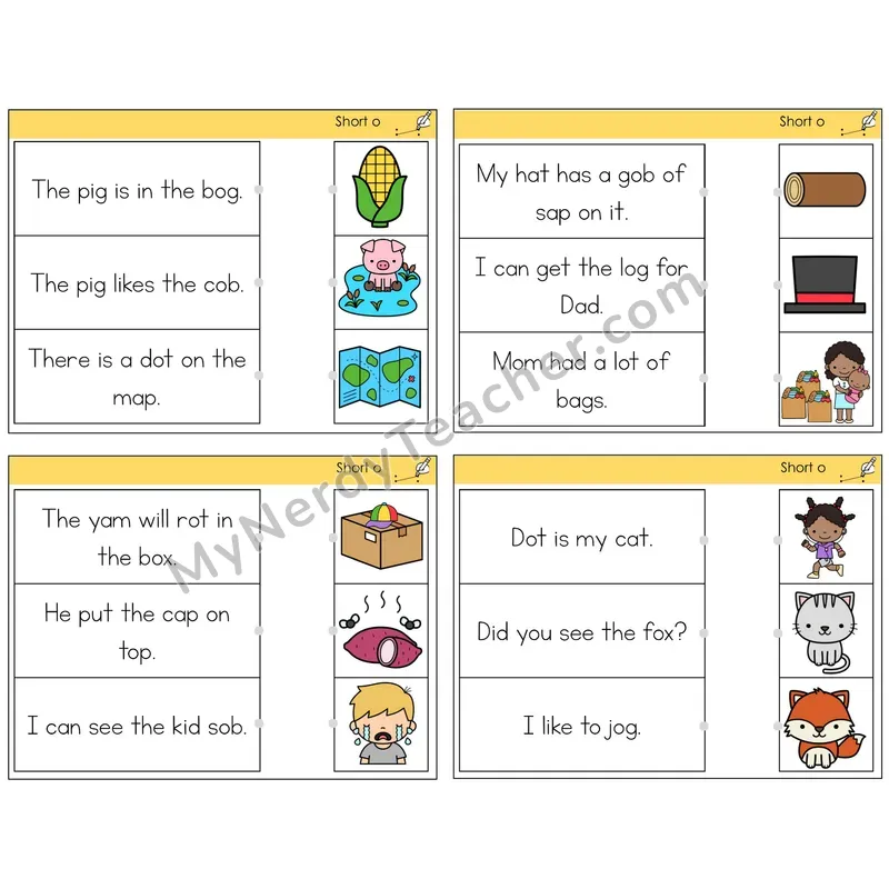 Short O Read and Match Picture Task Cards — Decodable Sentences
