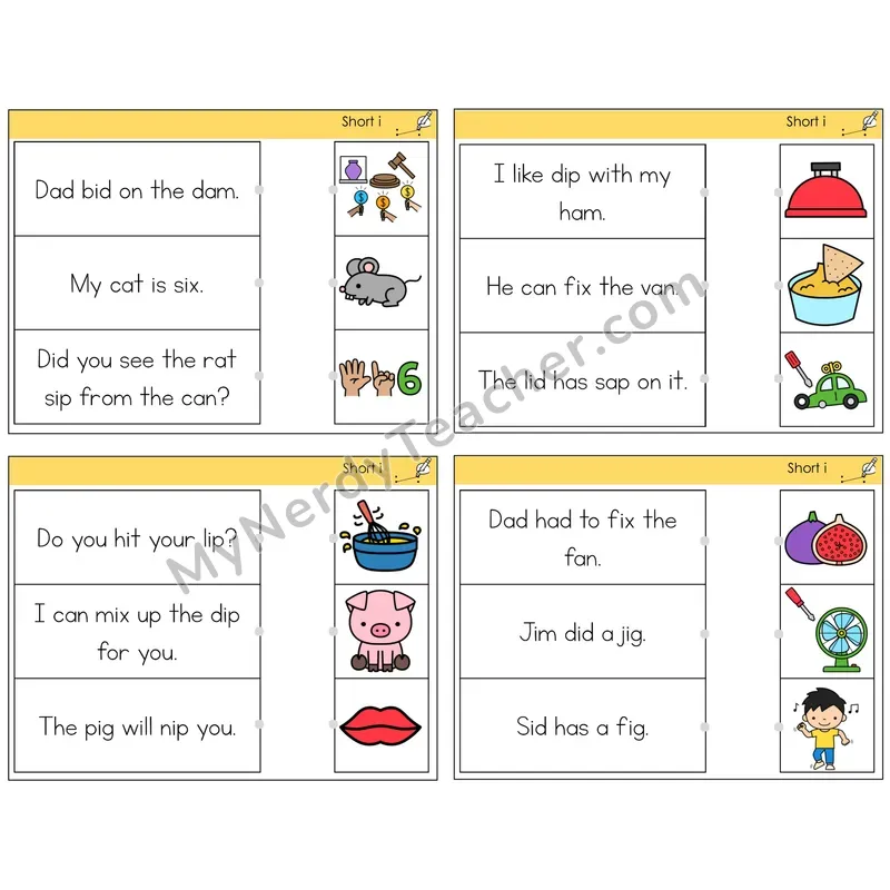 Short I Read and Match Picture Task Cards — Decodable Sentences