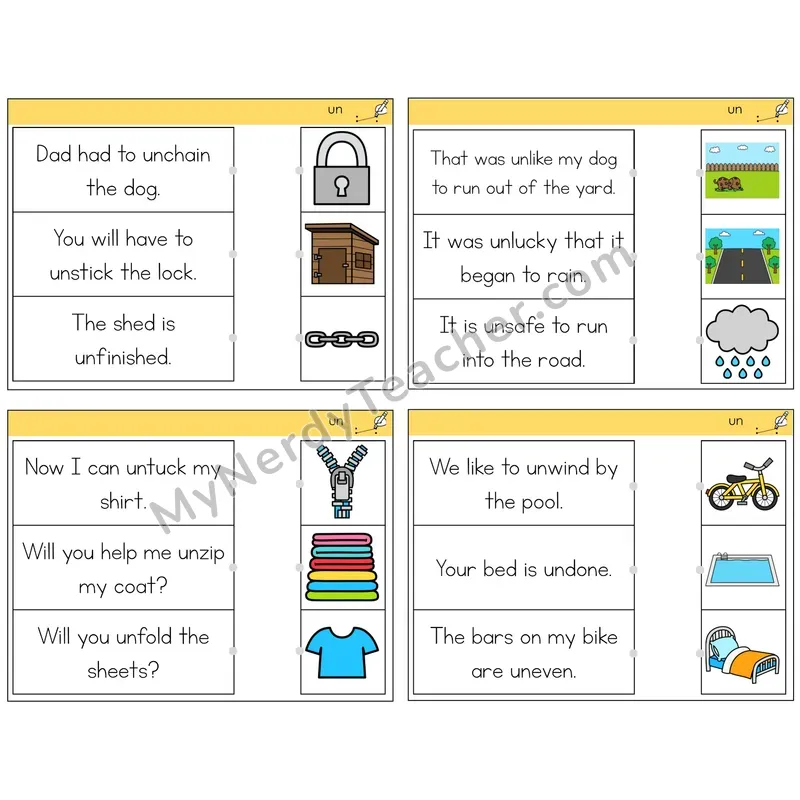 Prefix un- Read and Match Picture Task Cards — Decodable Sentences
