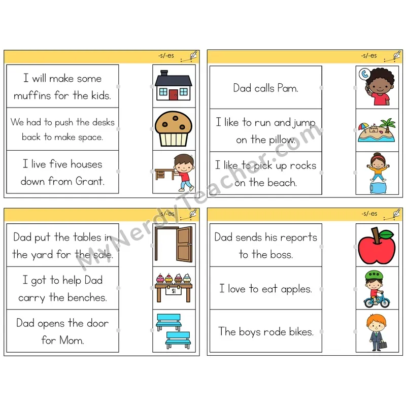 Suffixes -s and -es Read and Match Picture Task Cards — Decodable Sentences