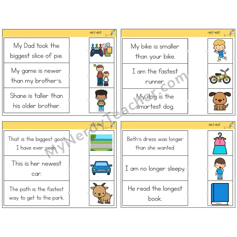 Suffixes -er and -est Read and Match Picture Task Cards — Decodable Sentences
