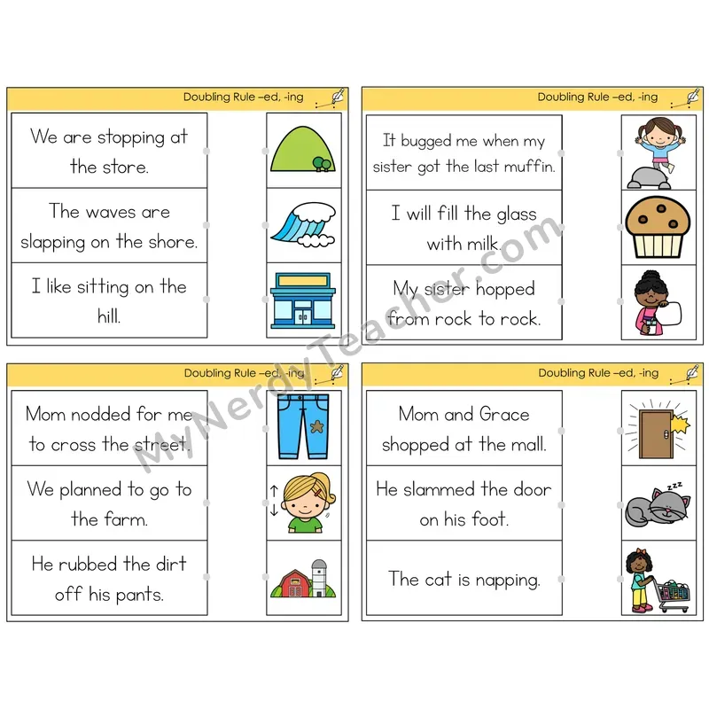 Doubling Rule -ed, -ing Read and Match Picture Task Cards — Decodable Sentences