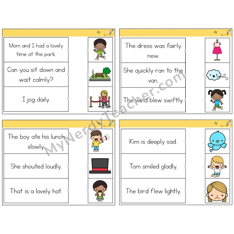 Suffix -ly Read and Match Picture Task Cards — Decodable Sentences
