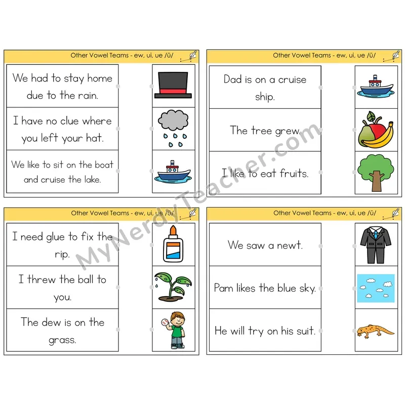 Long U (ew, ui, ue) Read and Match Picture Task Cards — Decodable Sentences