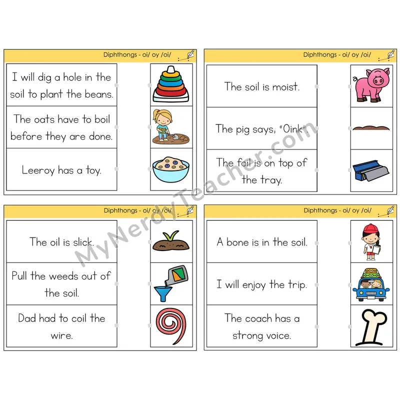 Diphthong OI and OY Read and Match Picture Task Cards — Decodable Sentences