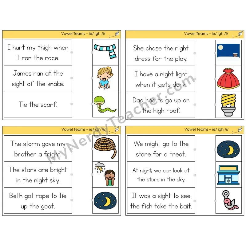 Long I Vowel Teams (ie, igh) Read and Match Picture Task Cards — Decodable Sentences