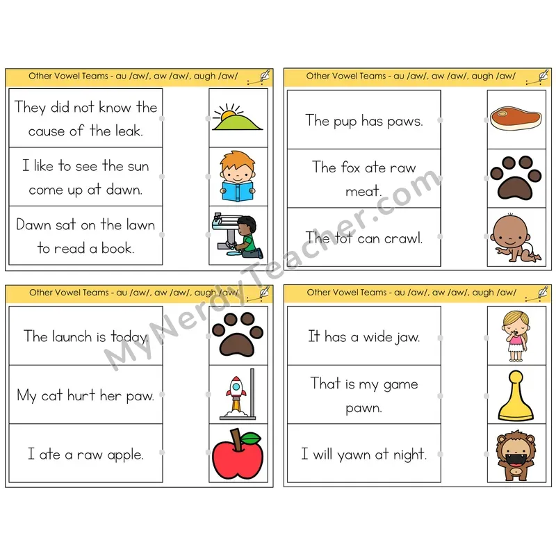 AU, AW, AUGH (/aw/) Read and Match Picture Task Cards — Decodable Sentences