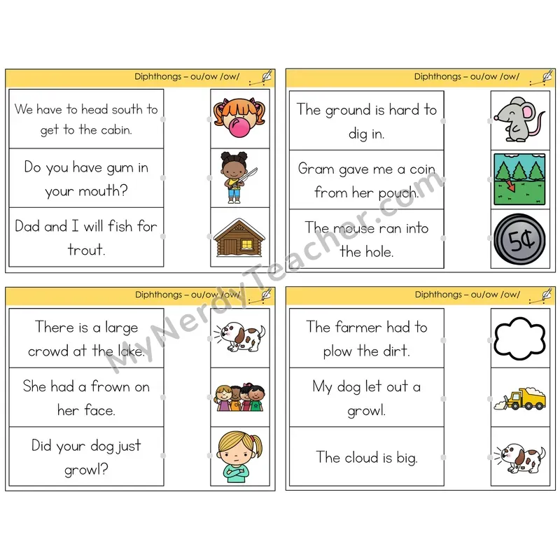 Diphthong OU and OW Read and Match Picture Task Cards — Decodable Sentences