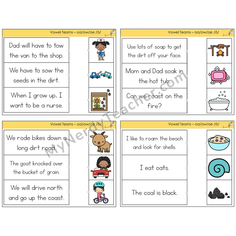 Long O Vowel Teams (oa, ow, oe) Read and Match Picture Task Cards — Decodable Sentences