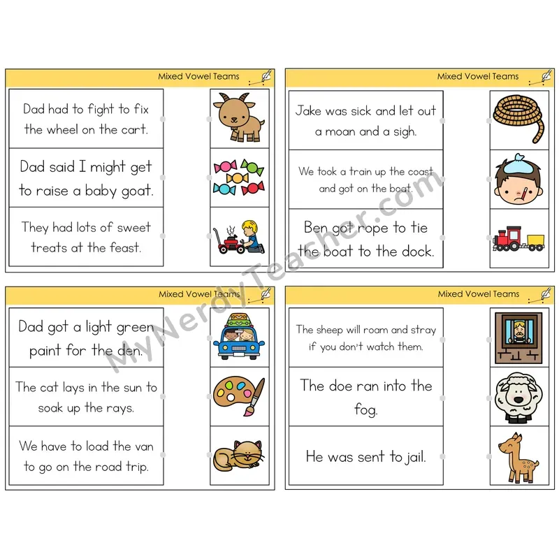 Mixed Vowel Teams Read and Match Picture Task Cards — Decodable Sentences