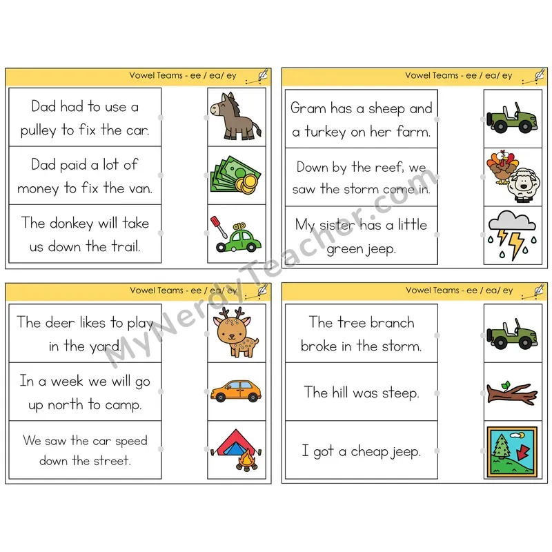 Long E Vowel Teams (ee, ea, ey) Read and Match Picture Task Cards — Decodable Sentences