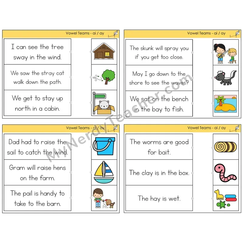 Long A Vowel Teams (ai, ay) Read and Match Picture Task Cards — Decodable Sentences