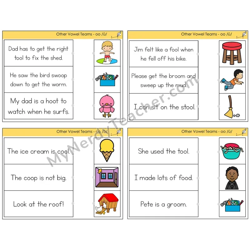 Long OO (/ū/) Read and Match Picture Task Cards — Decodable Sentences