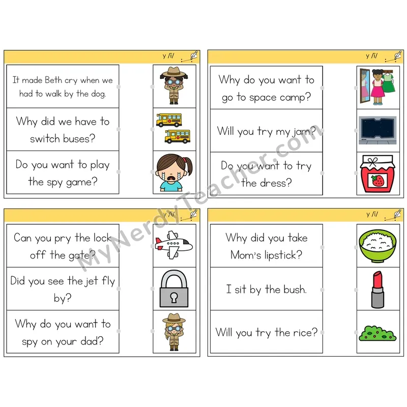 Y as Long I Read and Match Picture Task Cards — Decodable Sentences