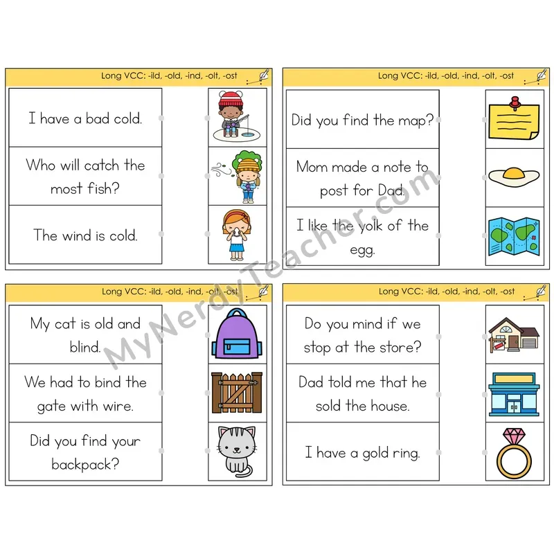 Long VCC Patterns Read and Match Picture Task Cards — Decodable Sentences