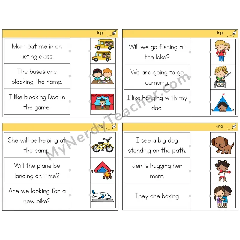 Suffix -ing Read and Match Picture Task Cards — Decodable Sentences