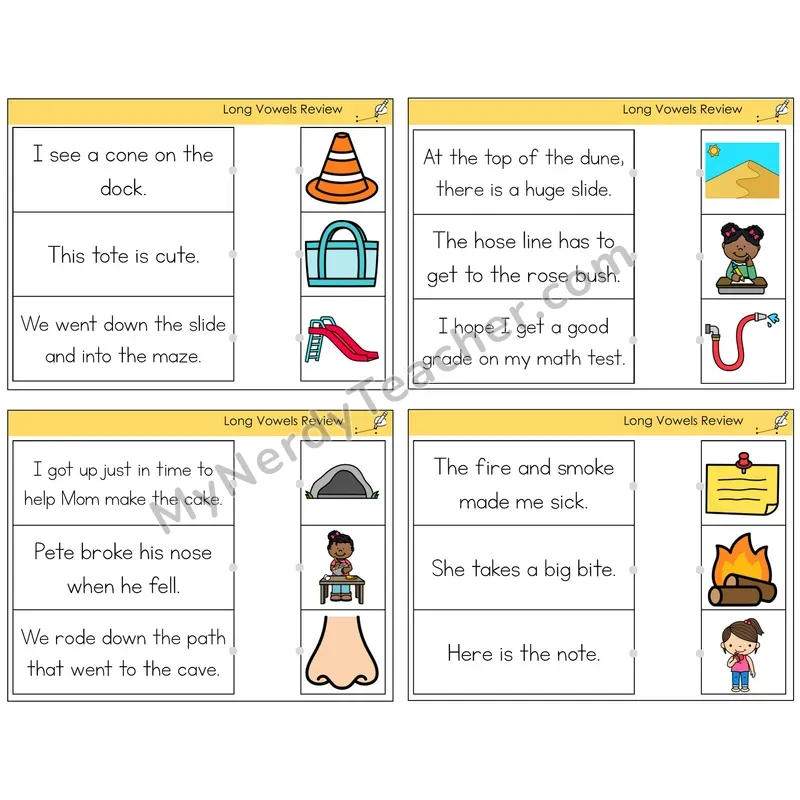 Long Vowels Review Read and Match Picture Task Cards — Decodable Sentences