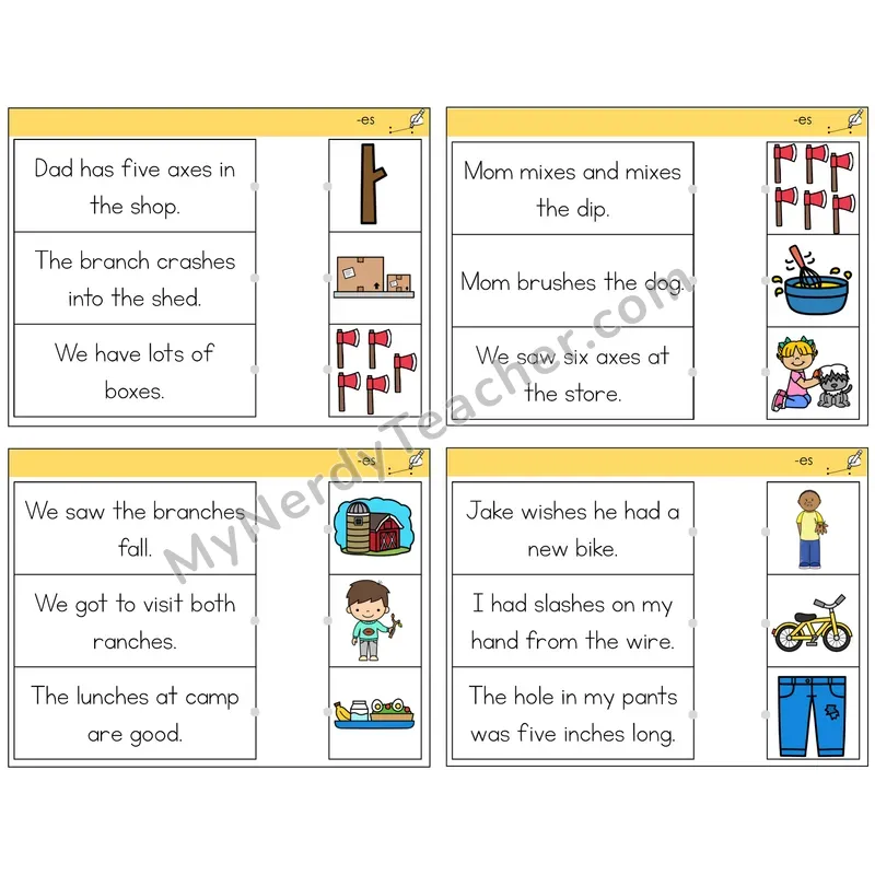 Suffix -es (Inflectional) Read and Match Picture Task Cards — Decodable Sentences
