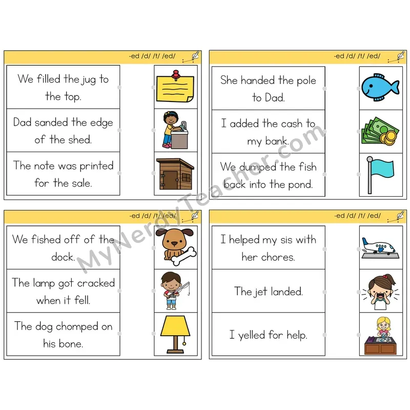 Suffix -ed Read and Match Picture Task Cards — Decodable Sentences