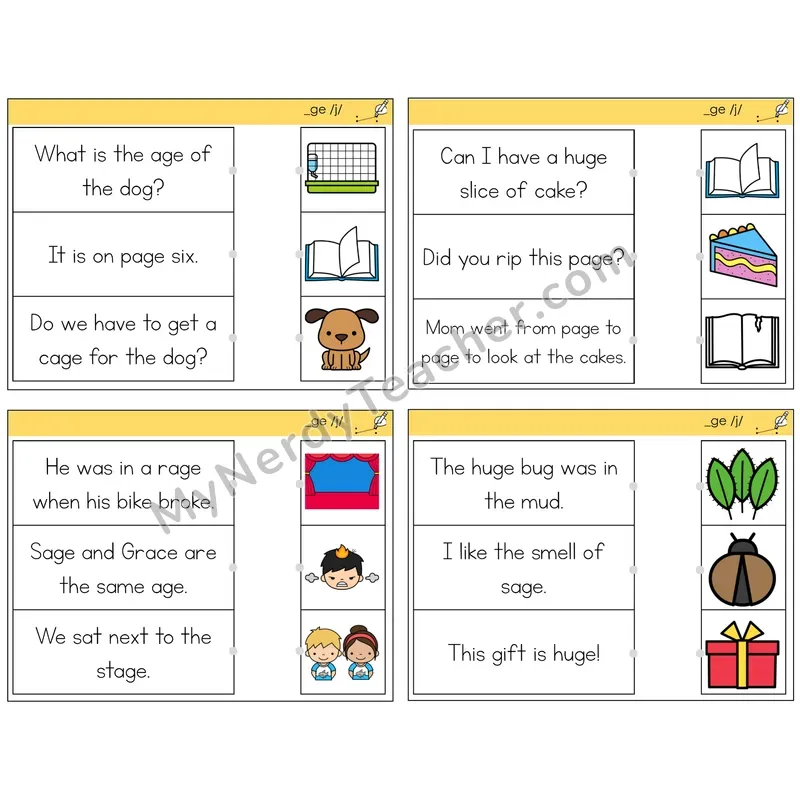 Soft G (_ge) Read and Match Picture Task Cards — Decodable Sentences