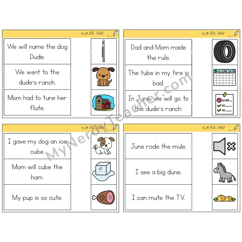 Long U VCe (u_e) Read and Match Picture Task Cards — Decodable Sentences
