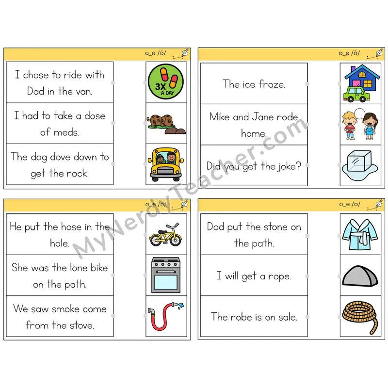 Long O VCe (o_e) Read and Match Picture Task Cards — Decodable Sentences
