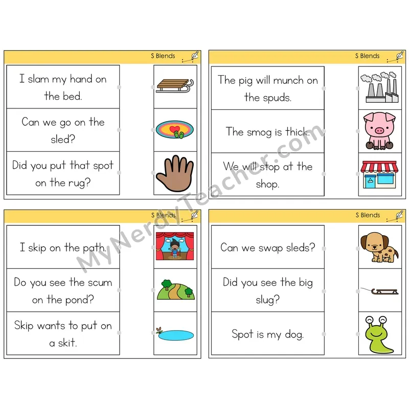 S Blends Read and Match Picture Task Cards — Decodable Sentences