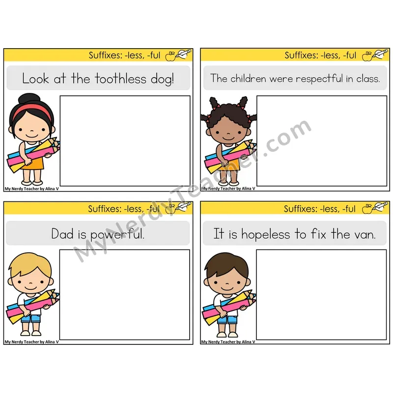 Suffixes -less and -ful Read and Draw Task Cards — Decodable Sentences