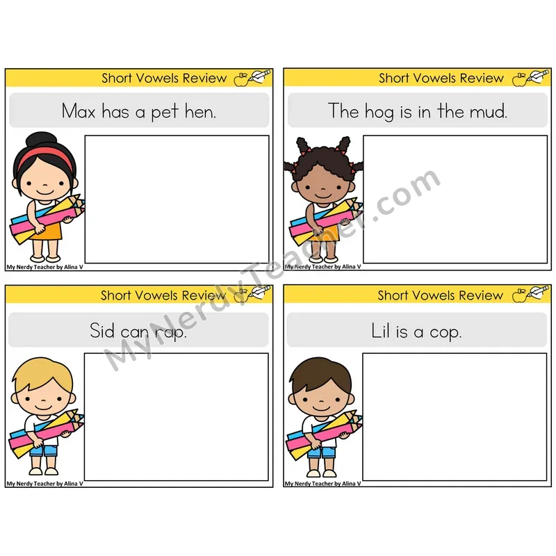 Short Vowels Review Read and Draw Task Cards — Decodable Sentences