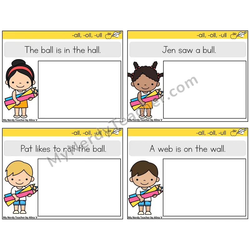 All, Oll, Ull Read and Draw Task Cards — Decodable Sentences