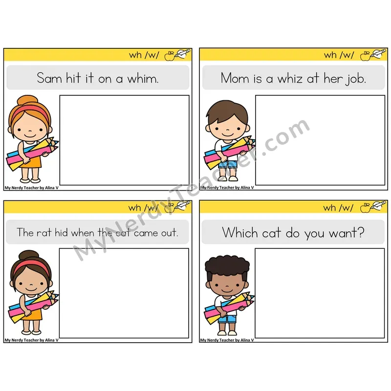 WH Digraph Read and Draw Task Cards — Decodable Sentences