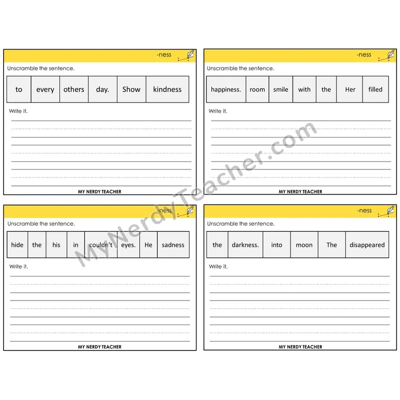 Suffix -ness Unscramble and Write Task Cards — Decodable Sentences