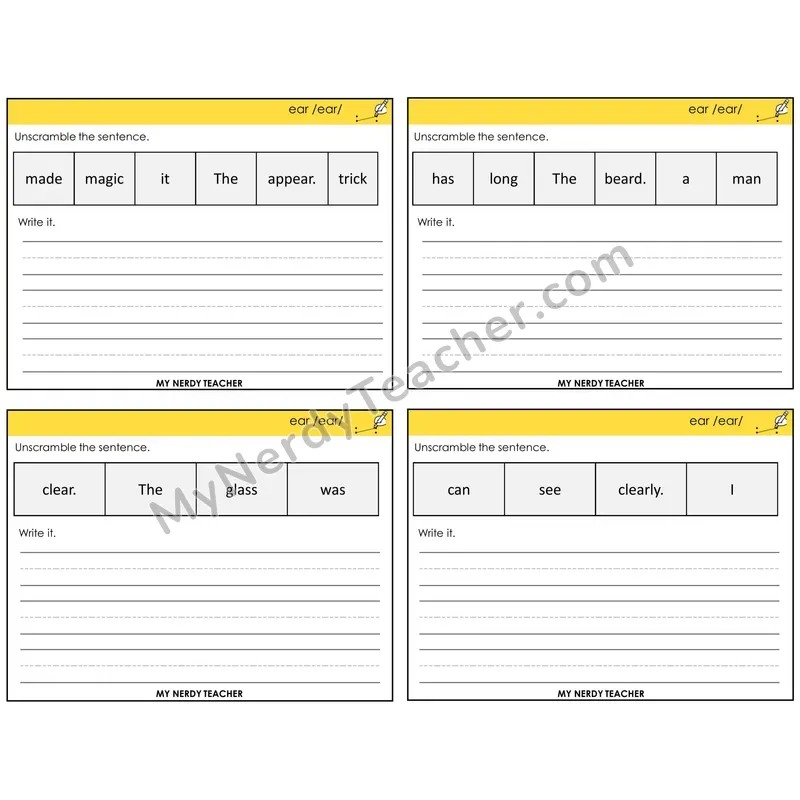 ear (/ear/) Unscramble and Write Task Cards — Decodable Sentences
