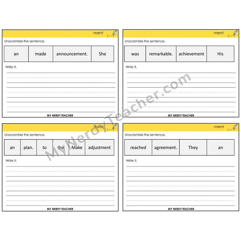 Suffix -ment Unscramble and Write Task Cards — Decodable Sentences
