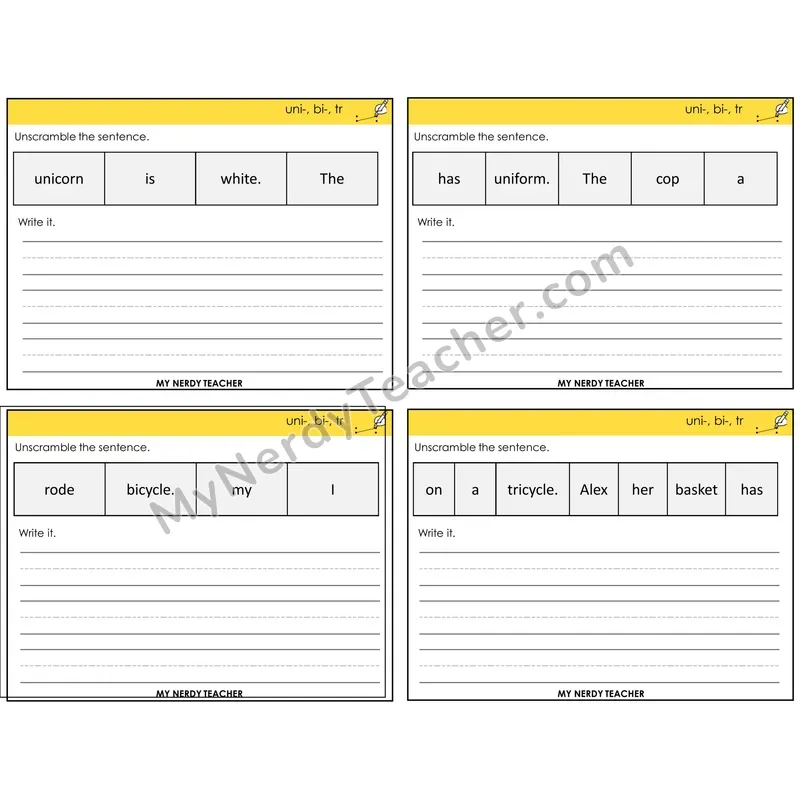 Prefixes uni-, bi-, tri- Unscramble and Write Task Cards — Decodable Sentences