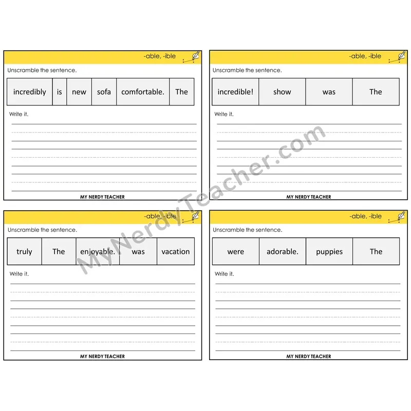 Suffixes -able and -ible Unscramble and Write Task Cards — Decodable Sentences