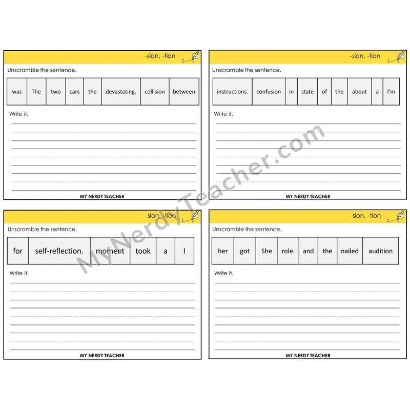 Suffixes -sion and -tion Unscramble and Write Task Cards — Decodable Sentences